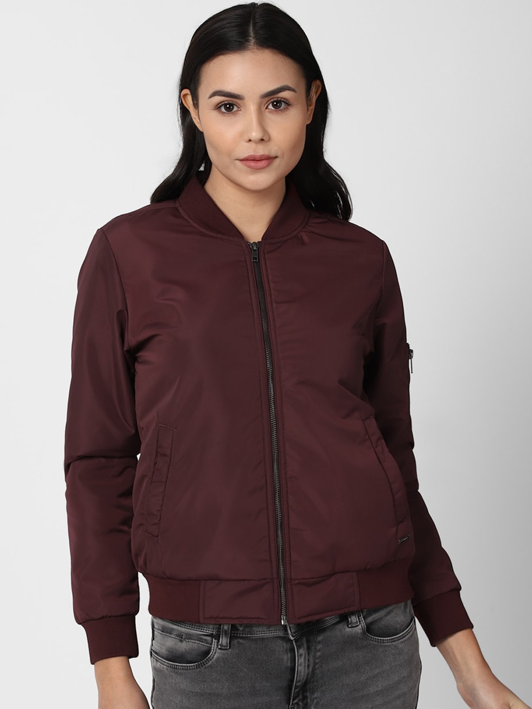 

Van Heusen Woman Maroon Crop Bomber Jacket