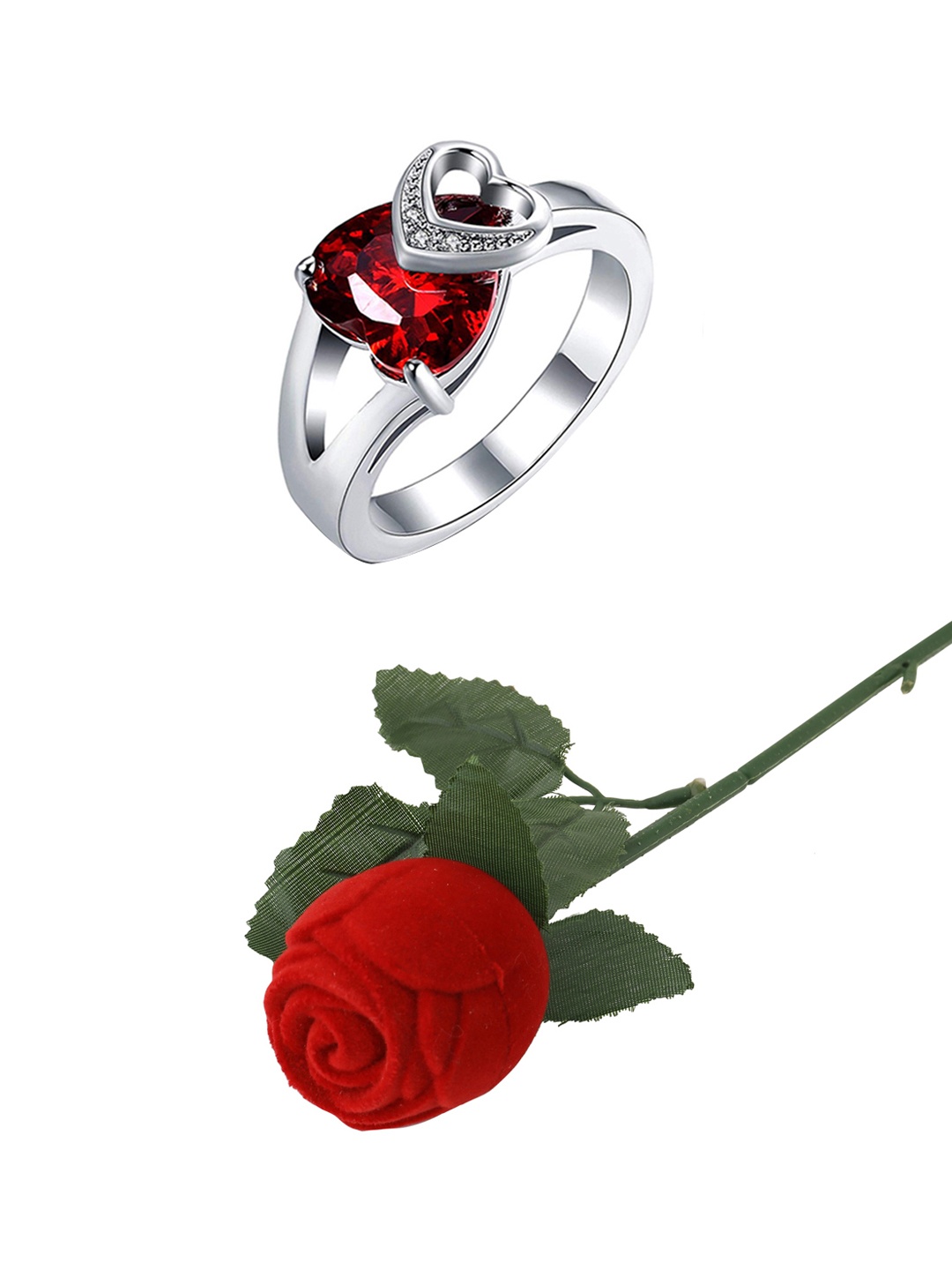 

Yellow Chimes Dual Red Heart 925 Silver Plated Crystal Ring in Velvet Rose Ring Box