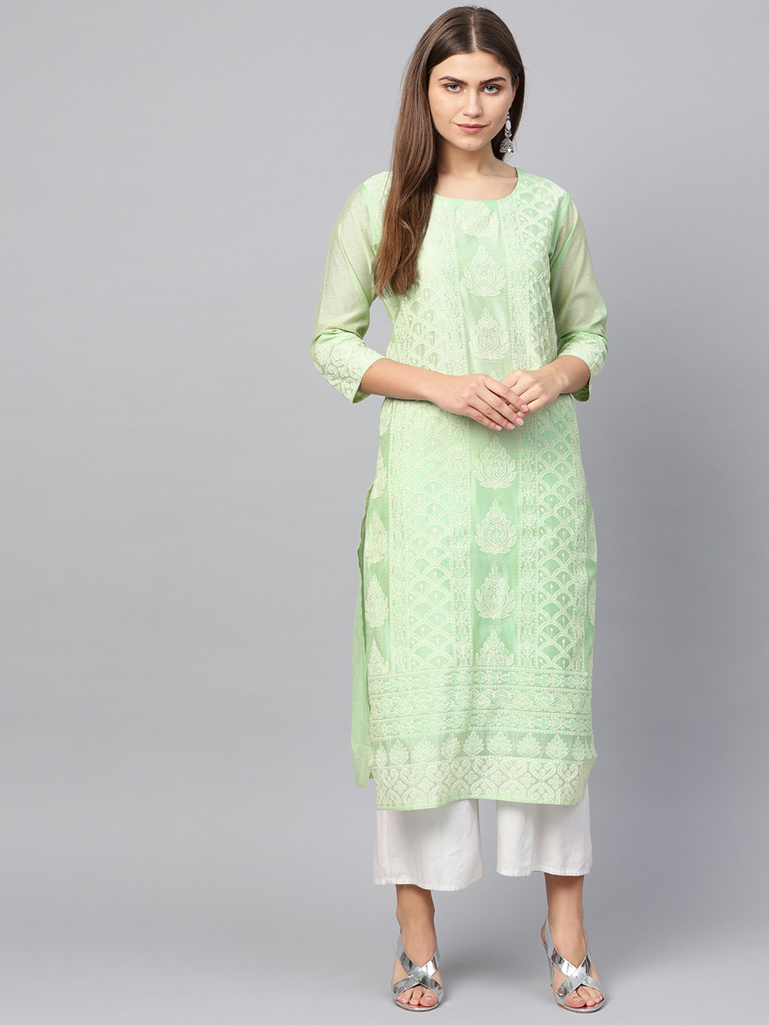 

Varanga Women Green Ethnic Motifs Printed Chanderi Silk Kurta