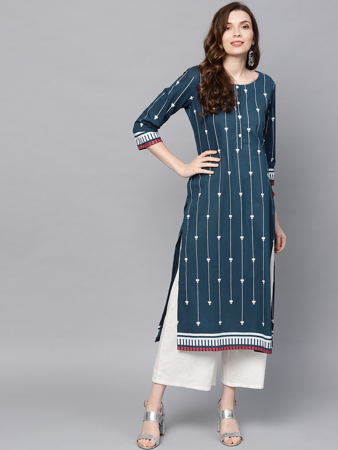 

Varanga Women Teal & White Striped Kurta