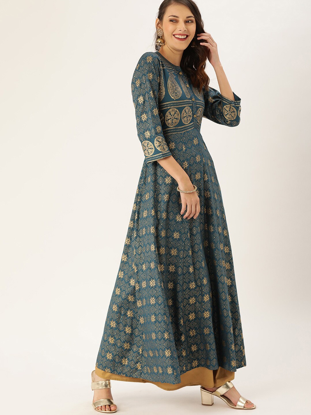 

Varanga Women Teal & Gold-Toned Ethnic Motifs Printed Kurta