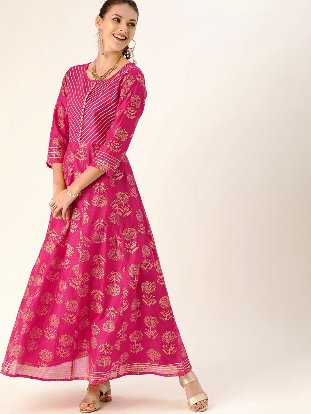 

Varanga Women Pink & Gold-Toned Ethnic Motifs Gotta Patti Chanderi Silk Anarkali Kurta