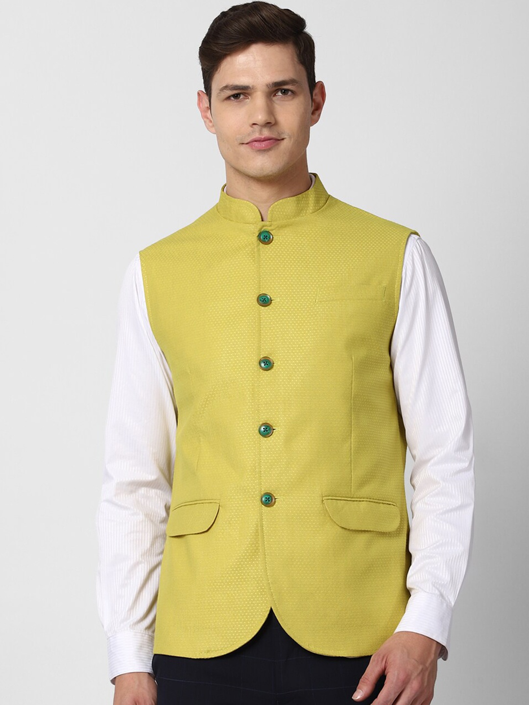 

Peter England Elite Men Yellow Woven Design Nehru Jacket