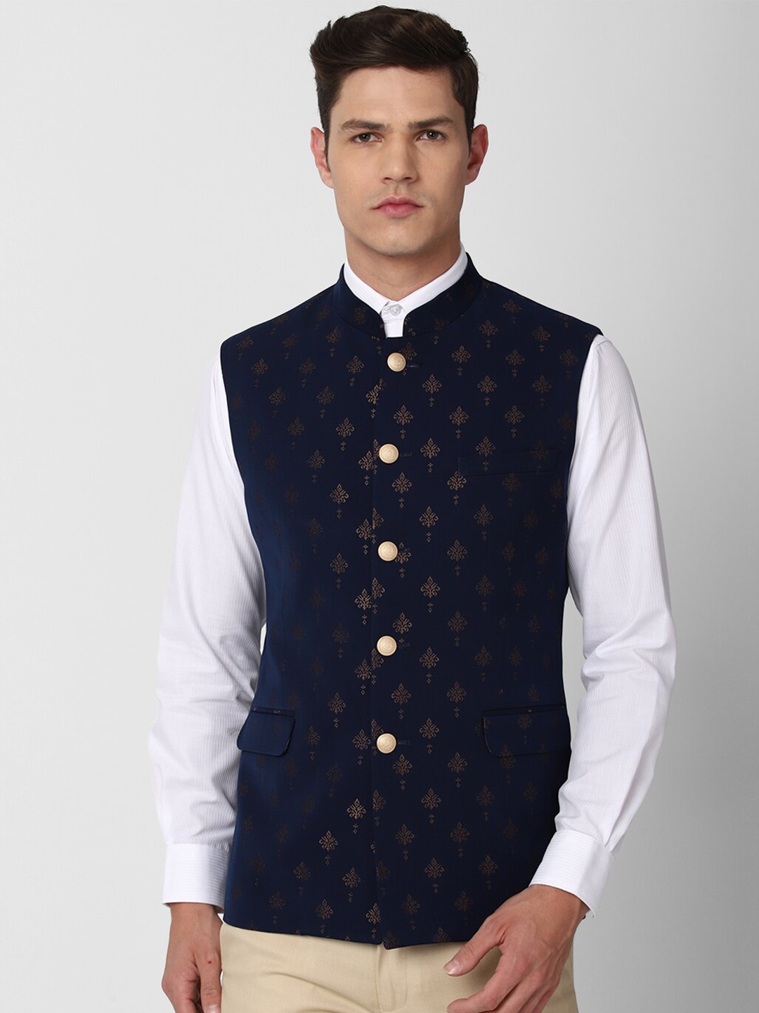 

Van Heusen Men Navy Blue Printed Nehru Jacket