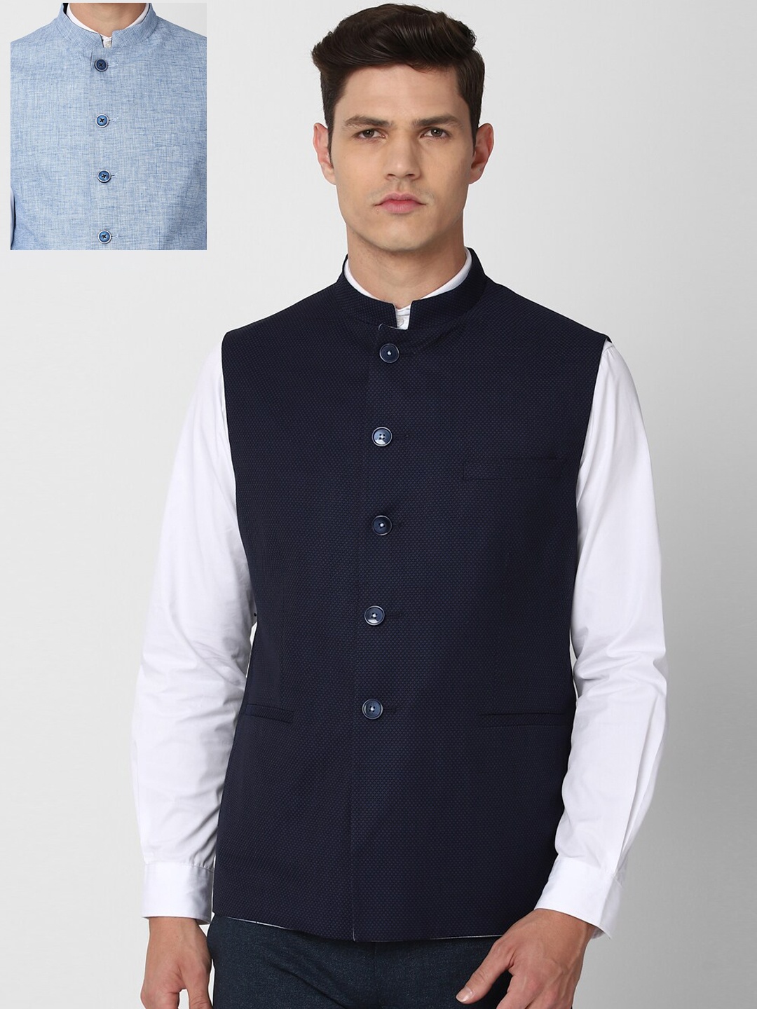 

Van Heusen Men Navy Blue Woven Design Reversible Nehru Jacket