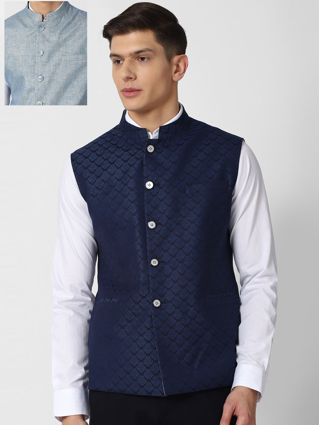 

Van Heusen Men Blue & Grey Reversible Nehru Jacket