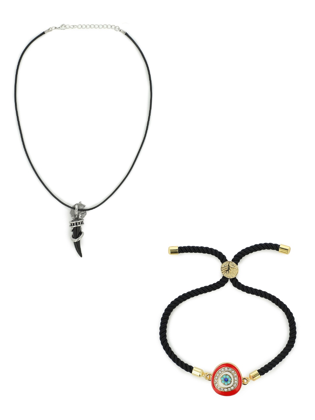 

EL REGALO Unisex Black Evil Eye bracelet and Wolf tooth Necklace Jewelry Set