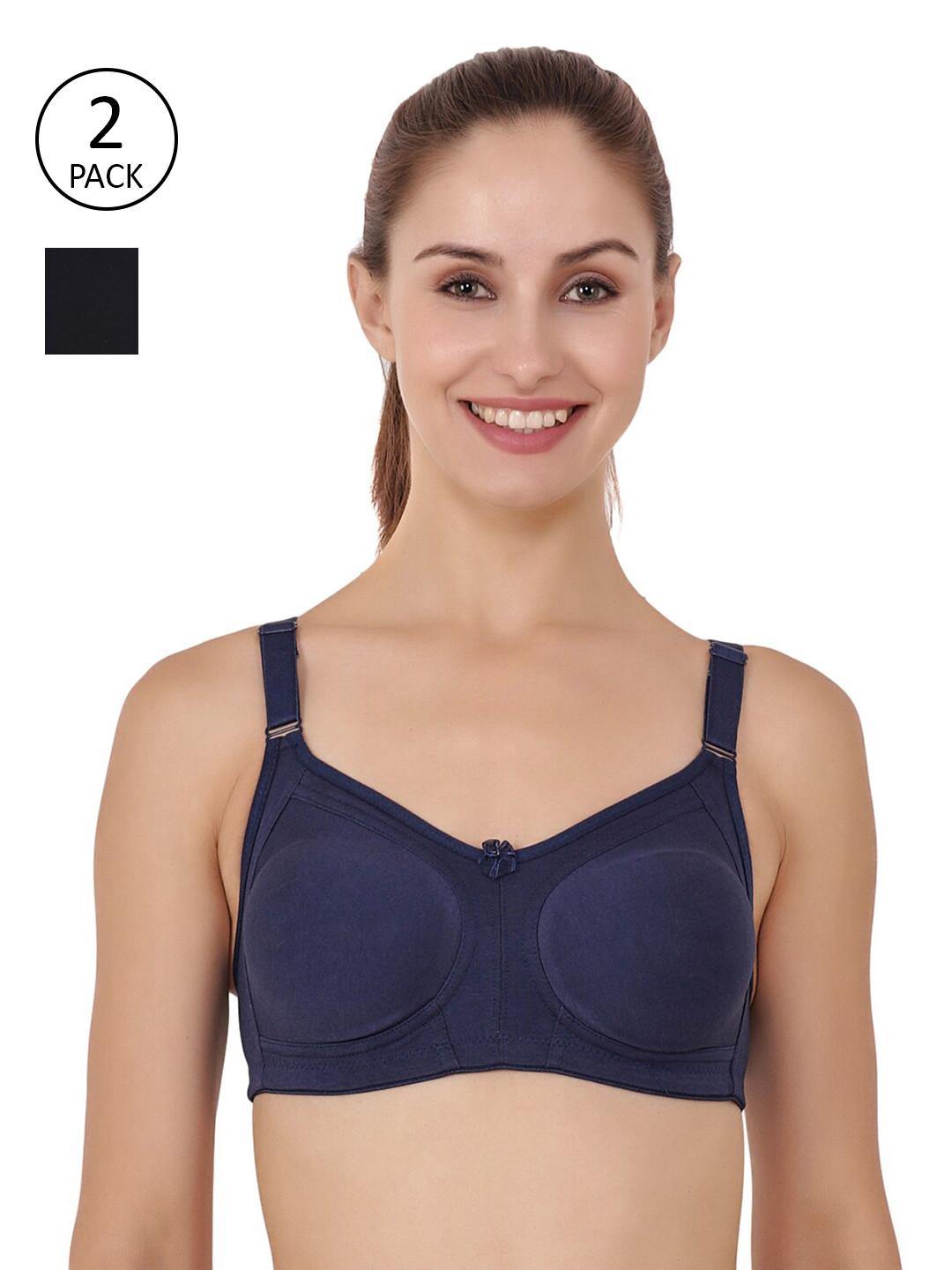 

Floret Pack of 2 Non Padded Non-Wired Cotton Full Coverage Everyday Bra With Moulded Cups, Navy blue