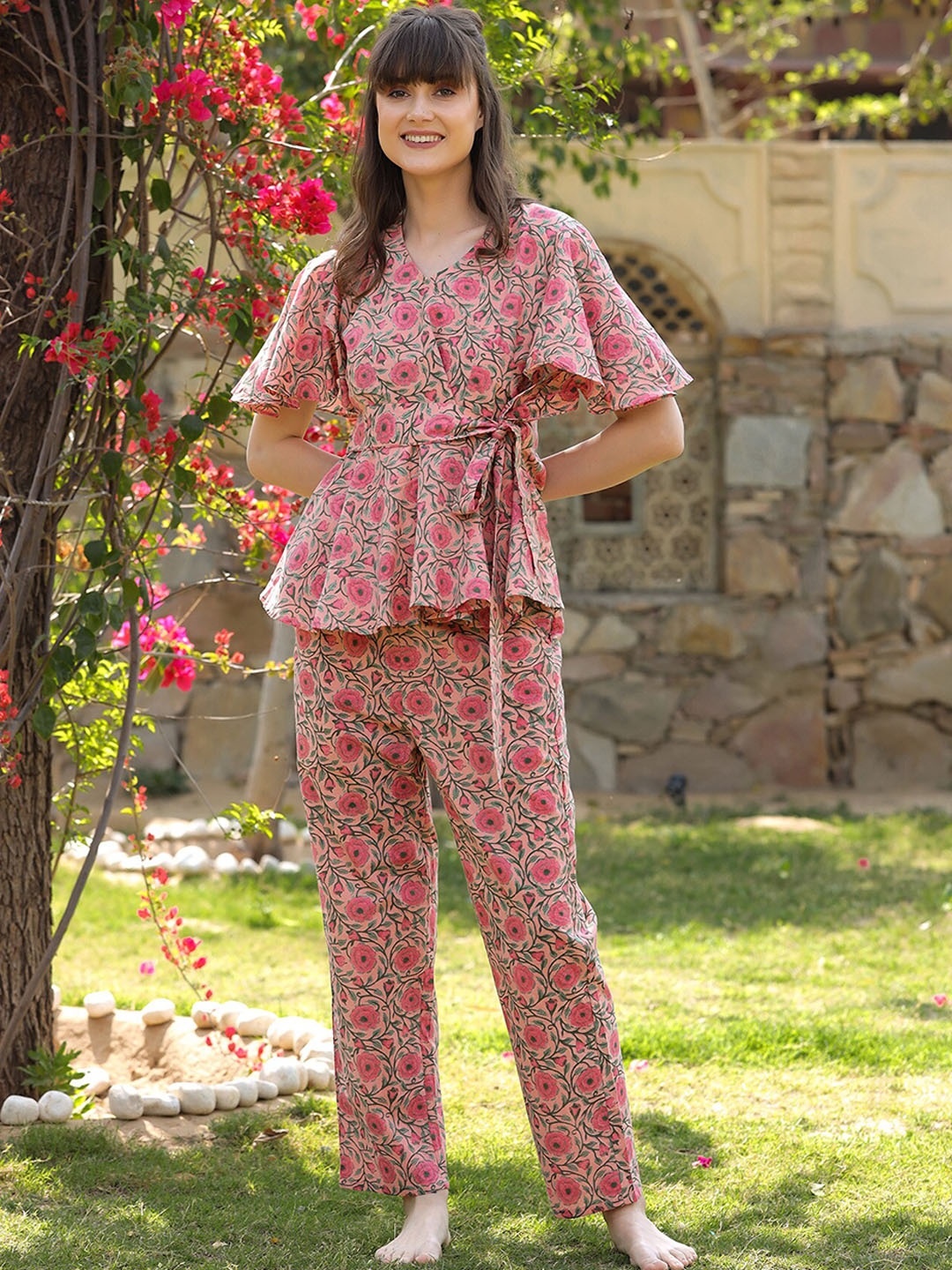 

JISORA Women Pink Printed Pure Cotton Night Suit