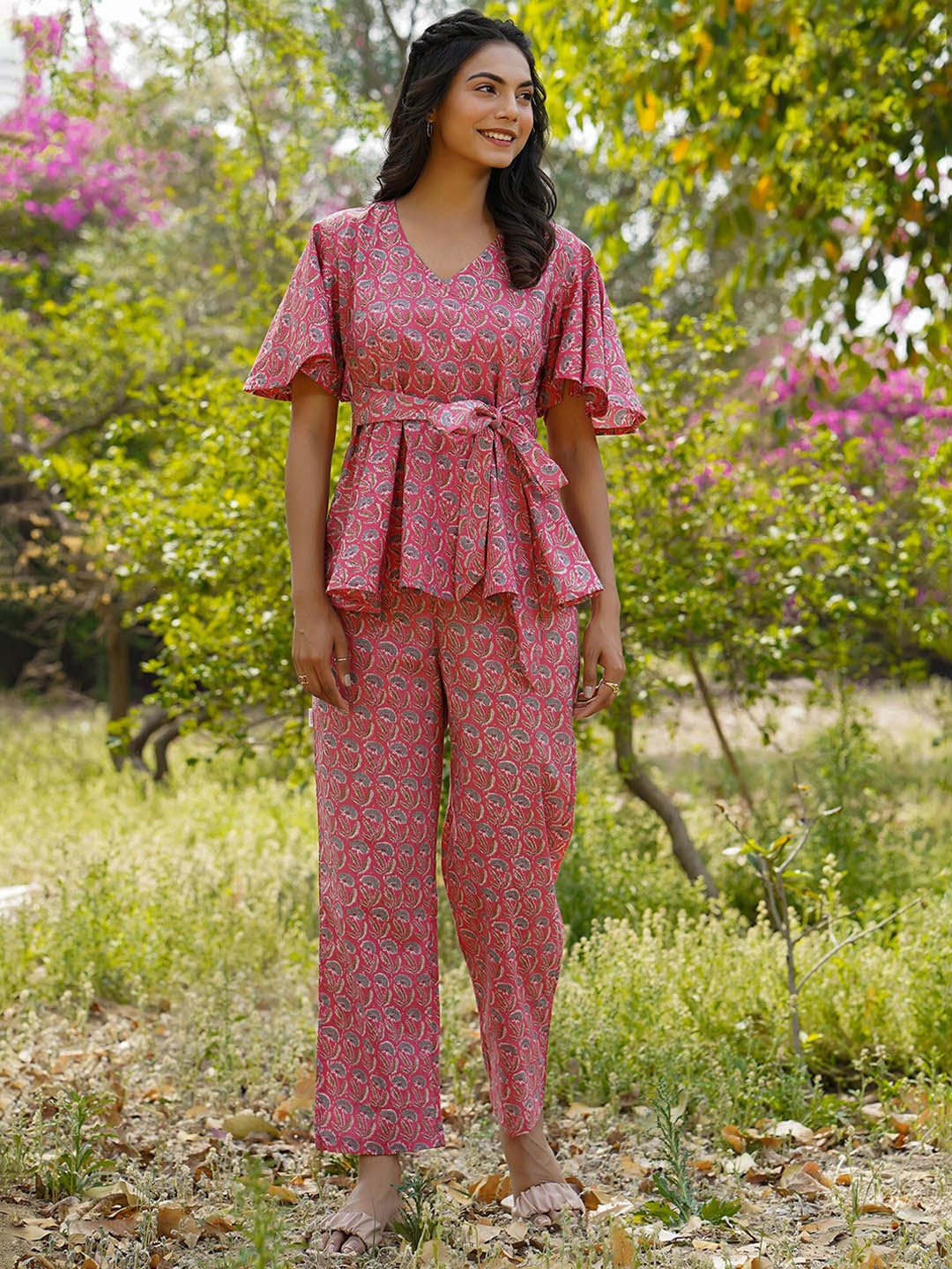 

JISORA Women Pink Printed Pure Cotton Night suit