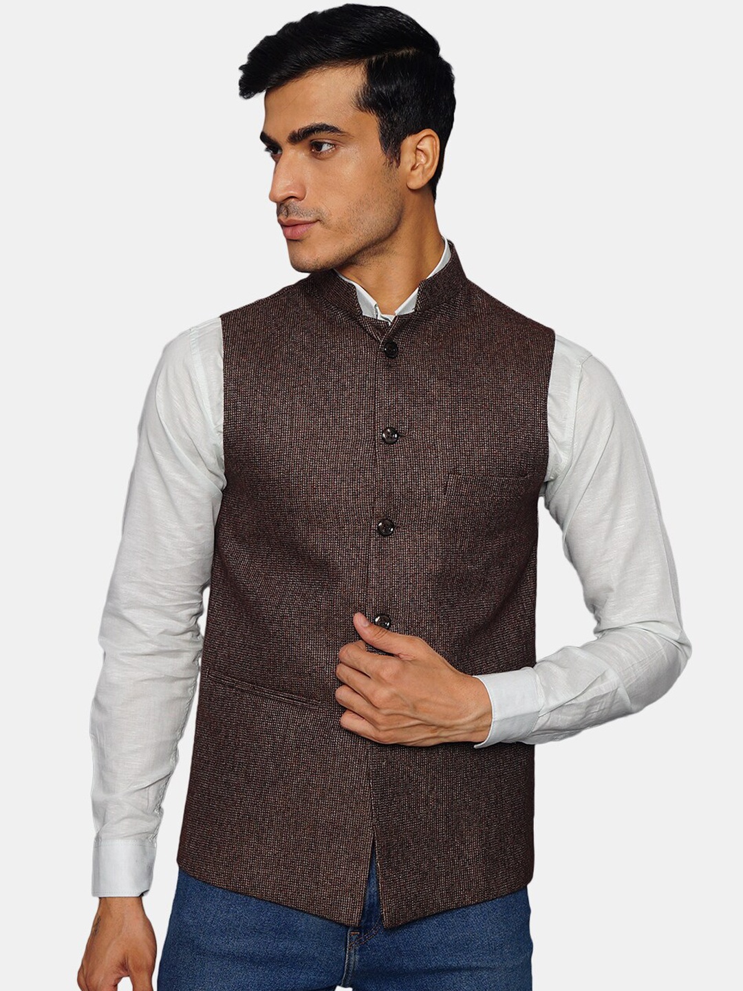 

Wintage Men Brown Woven-Design Woolen Nehru Jacket