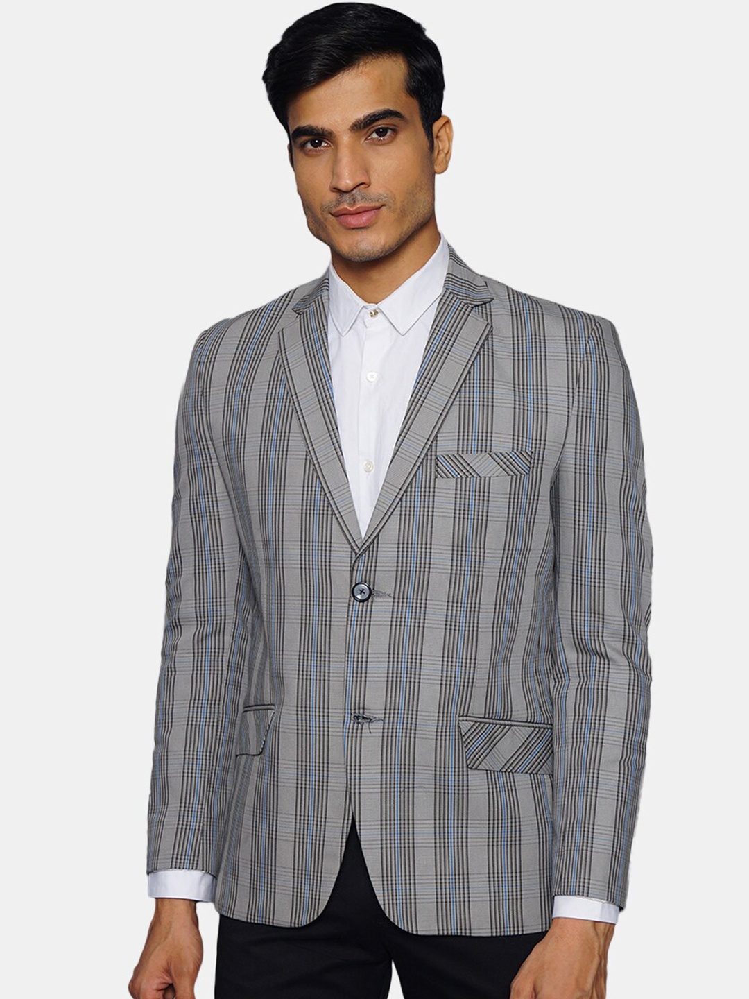 

Wintage Men Blue & Grey Checked Single-Breasted Formal Blazer