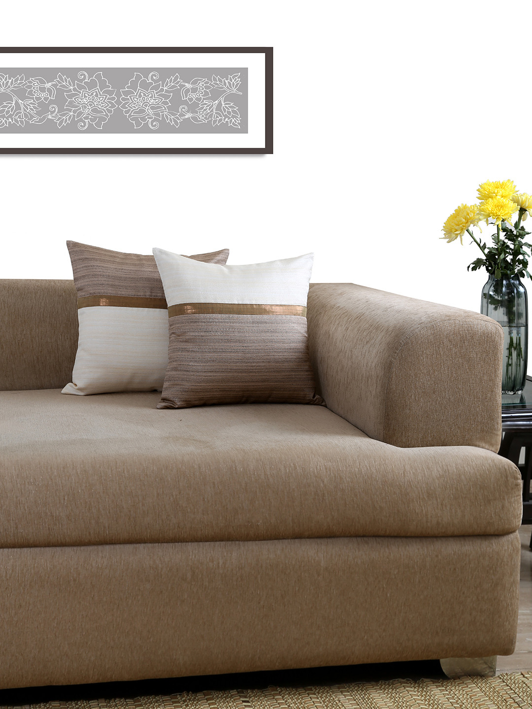 

ANS Off-White & Brown Set of 2 Colourblocked 16'' x 16'' Square Cushion Covers