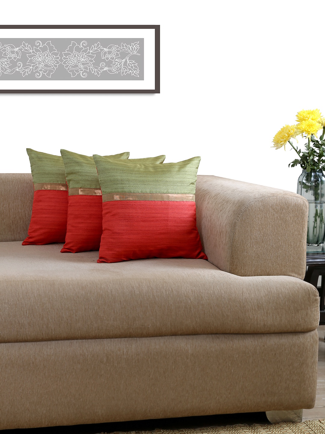 

ANS Green & Red Set of 3 Colourblocked 16" X 16" Square Cushion Covers