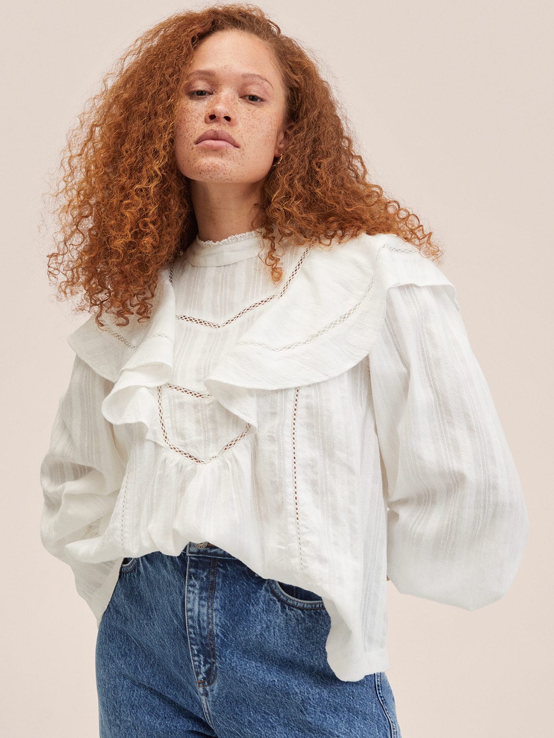 

MANGO White Pure Cotton Self-Design Ruffles Top