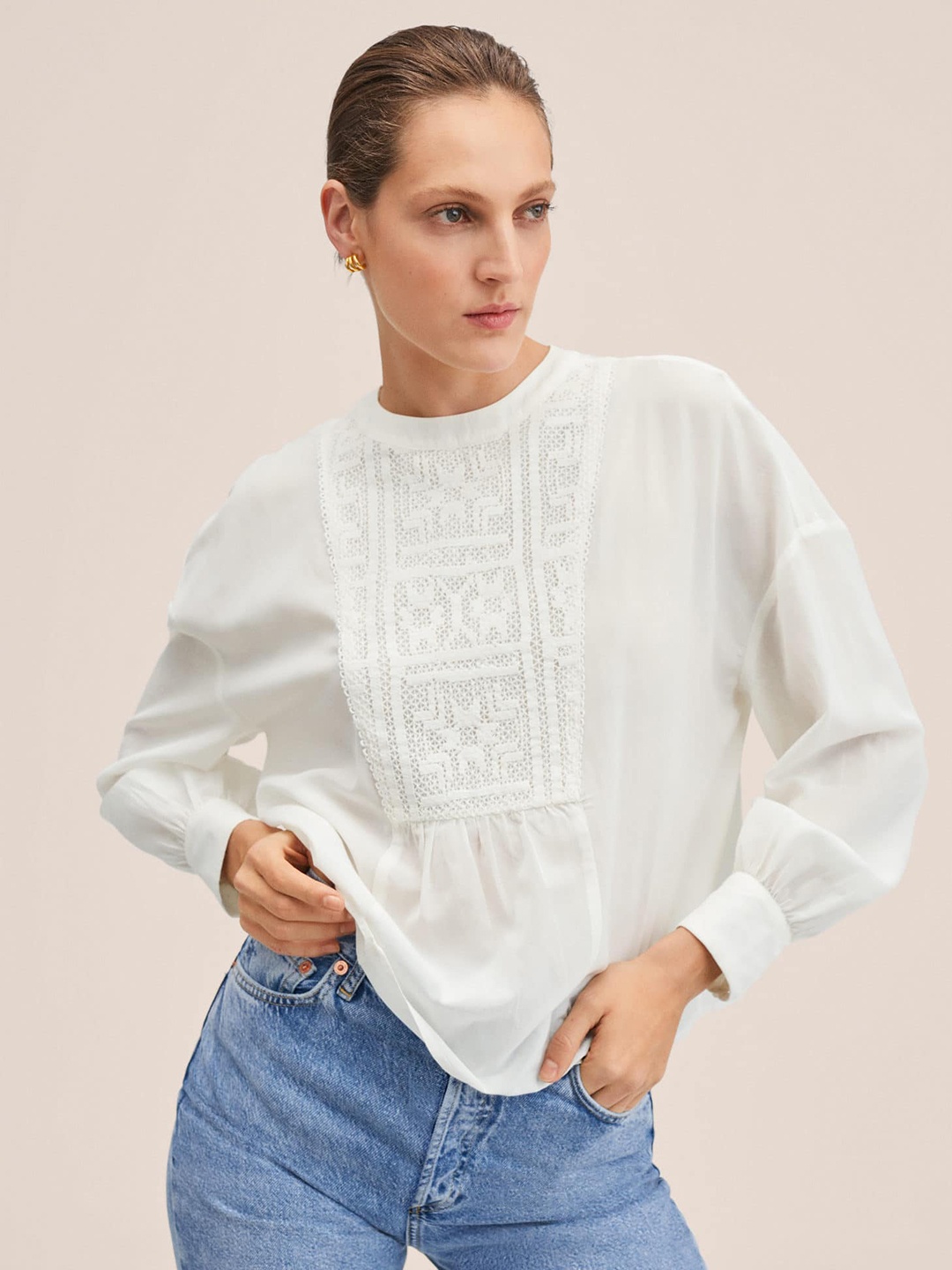 

MANGO Women Off White Solid Lace insert Detail Top