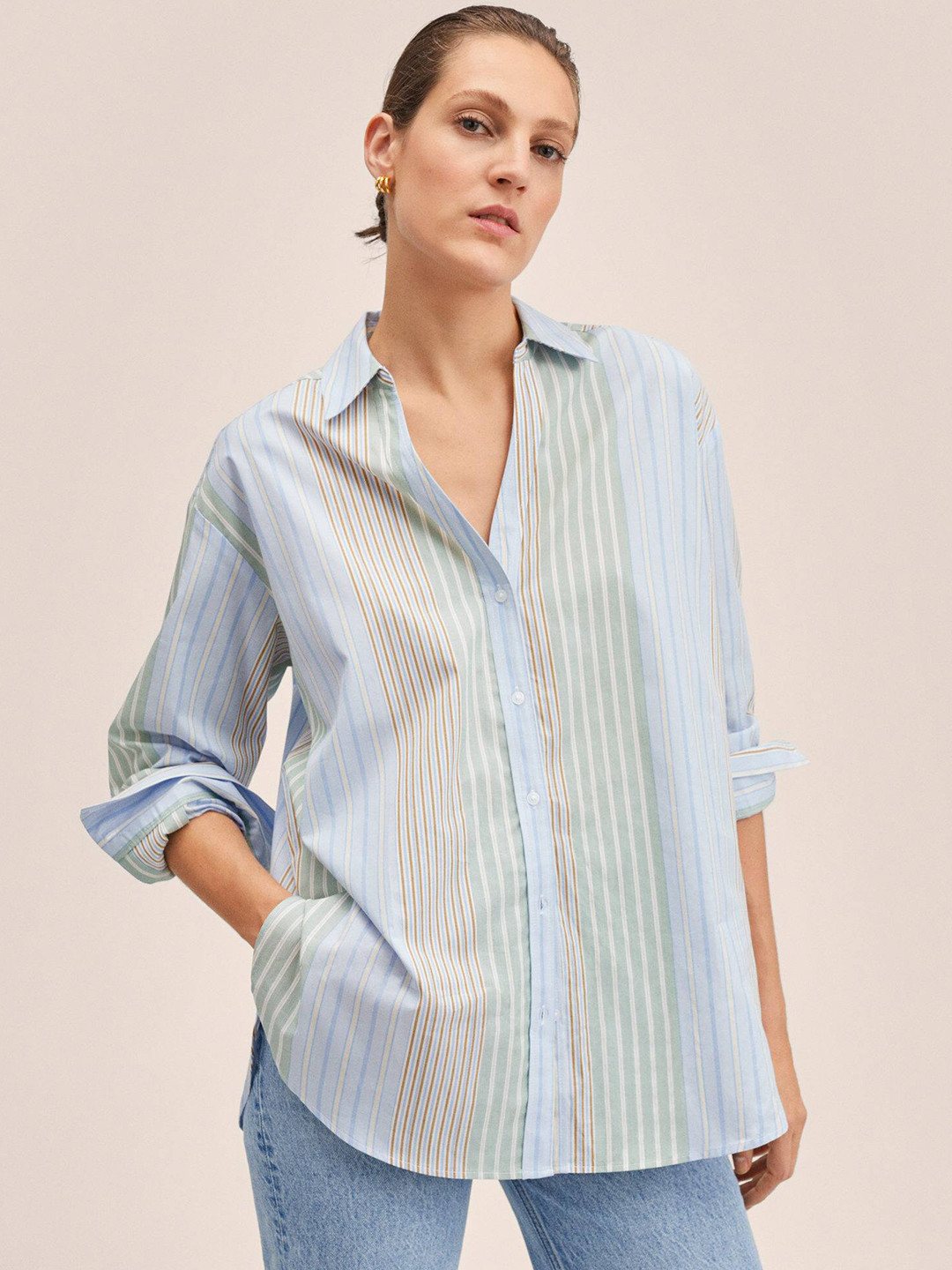 

MANGO Women Blue & Green Striped Pure Cotton Casual Shirt