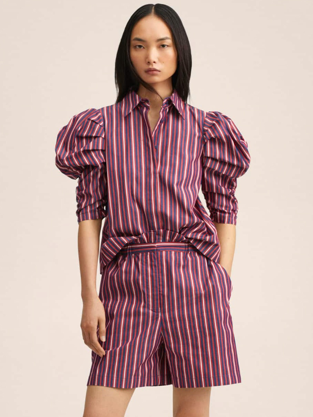 

MANGO Women Navy Blue Striped Casual Shirt