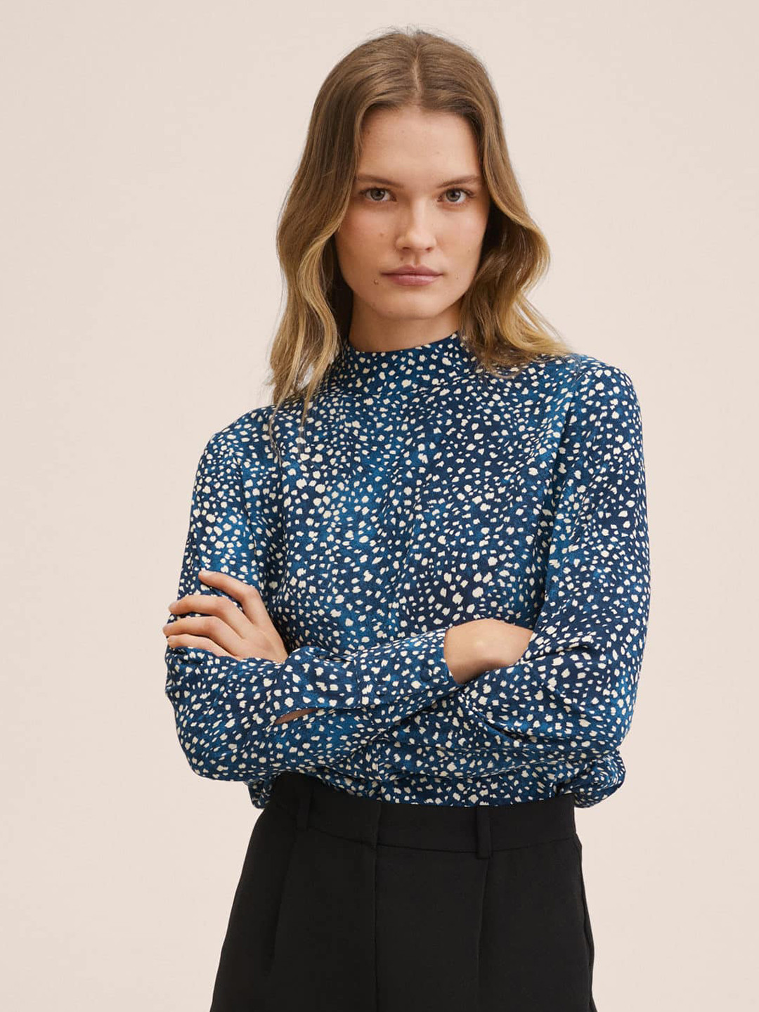 

MANGO Navy Blue & White Print Mandarin Collar Top