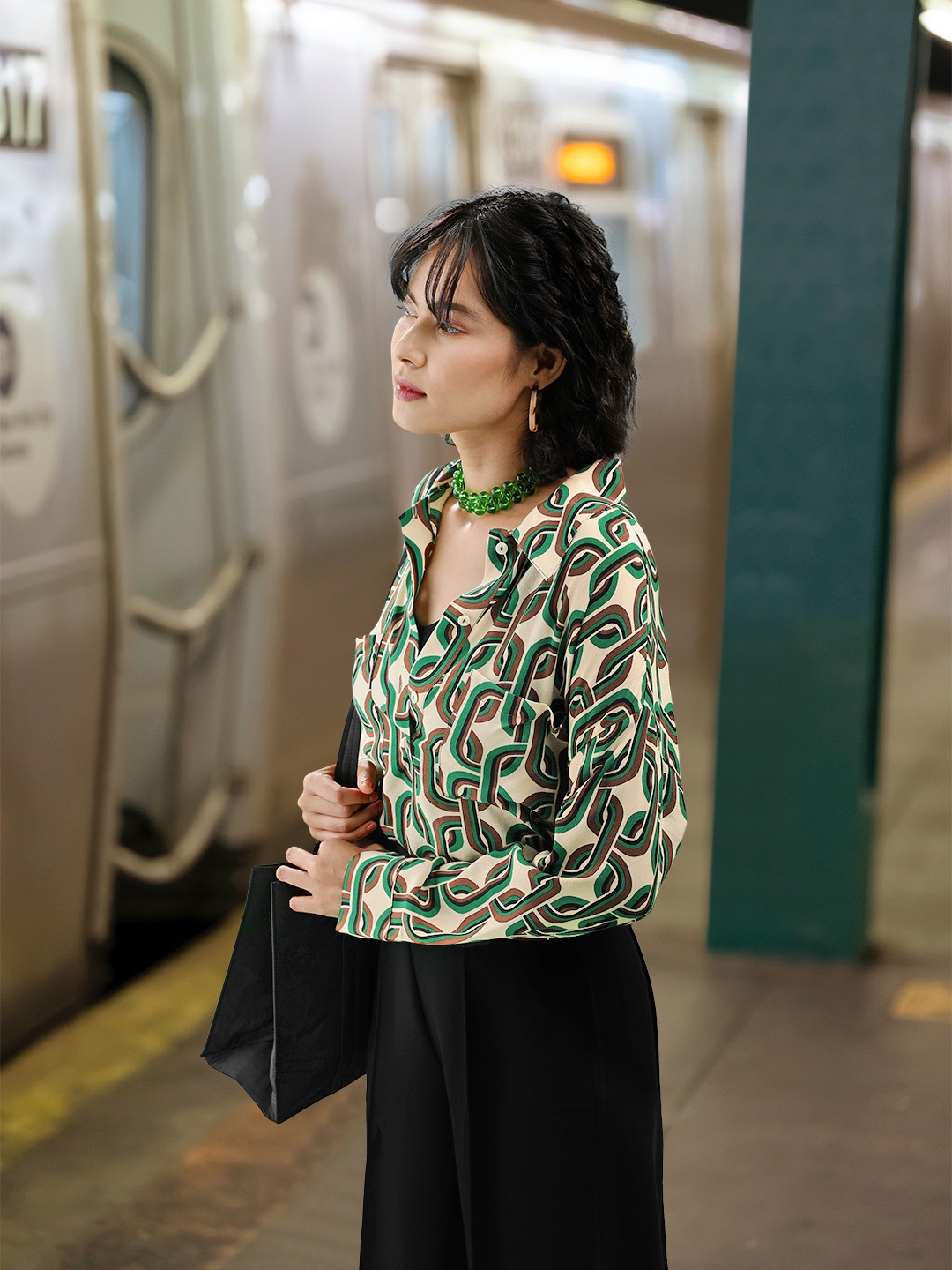 

MANGO Beige & Green Printed Shirt Style Top