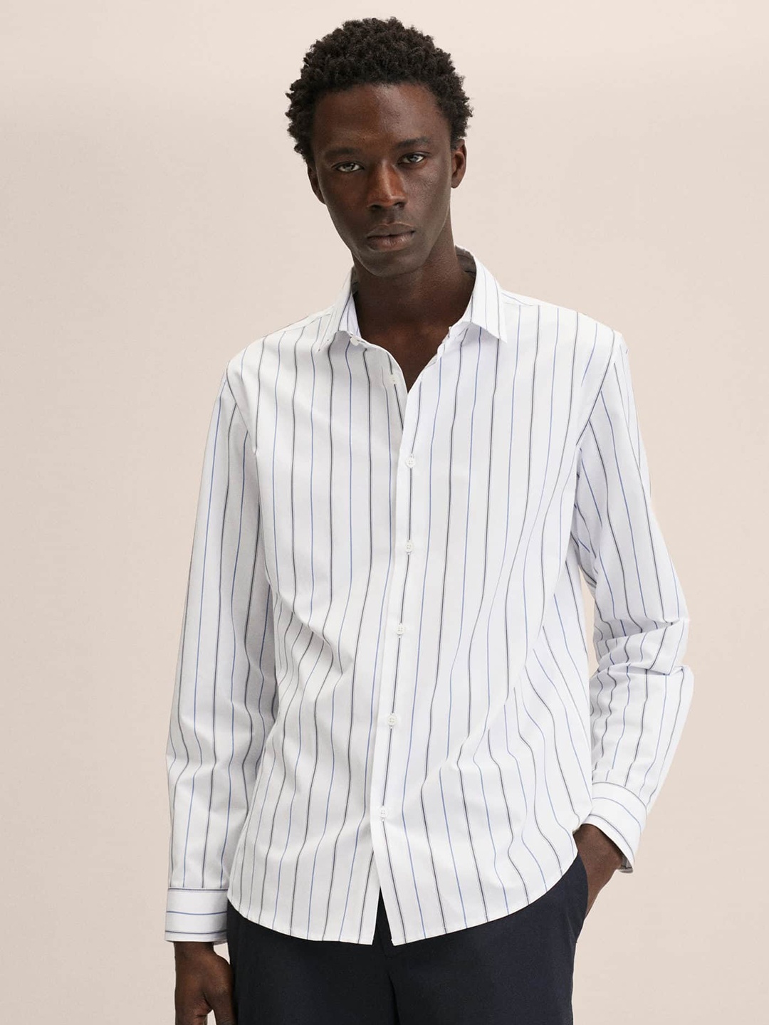 

MANGO MAN White & Black Striped Casual Shirt