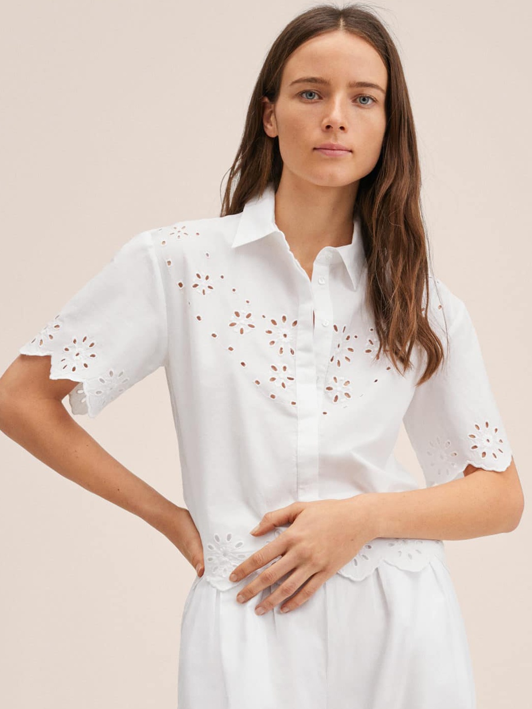 

MANGO Women White Pure Cotton Schiffli Embroidered Casual Shirt