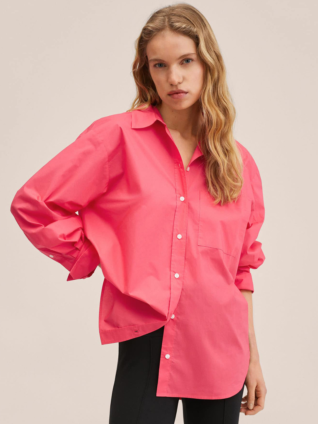 

MANGO Women Pink Pure Cotton Solid Oversize Casual Shirt