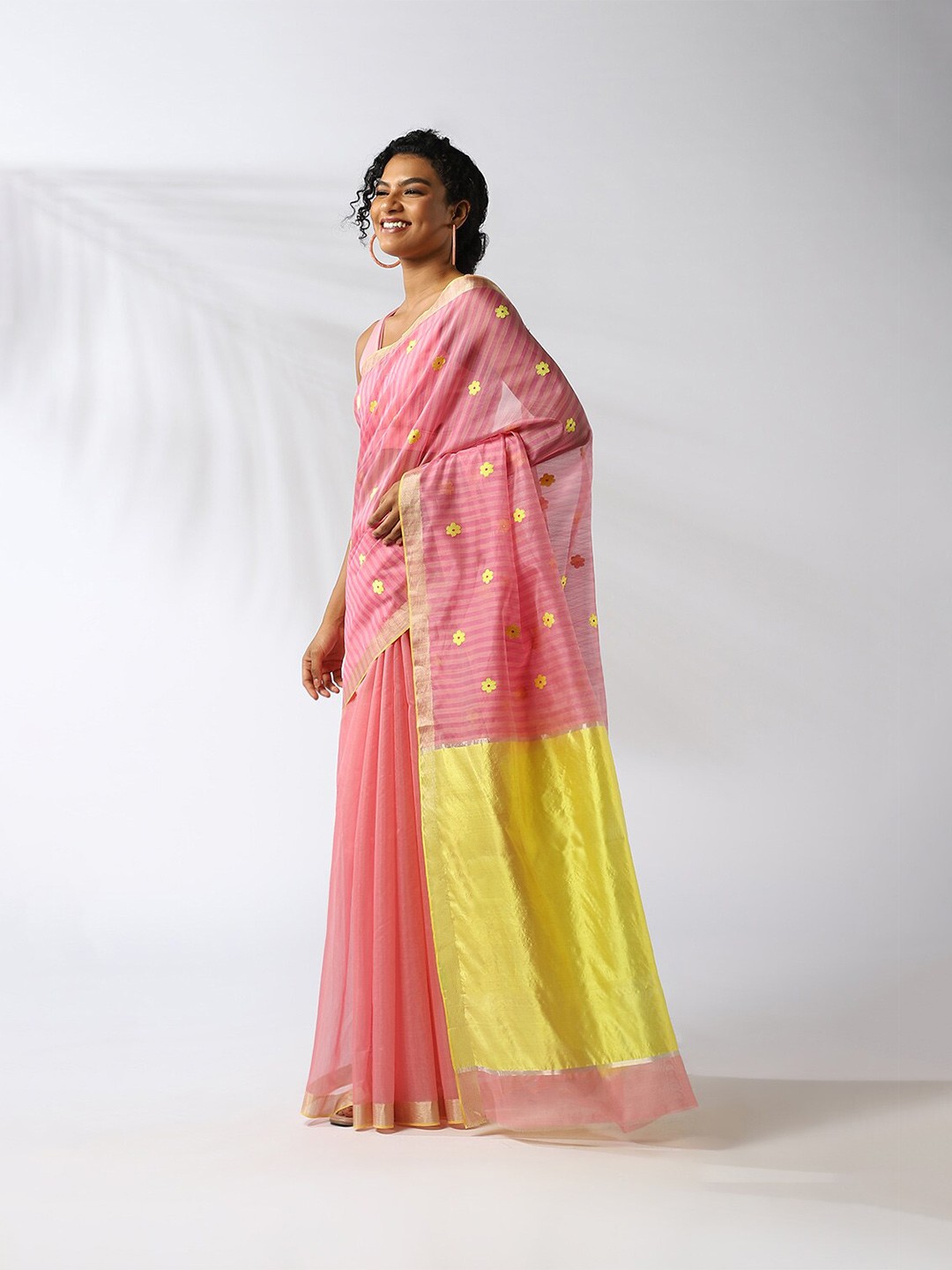 

Taneira Pink & Yellow Floral Silk Cotton Chanderi Saree