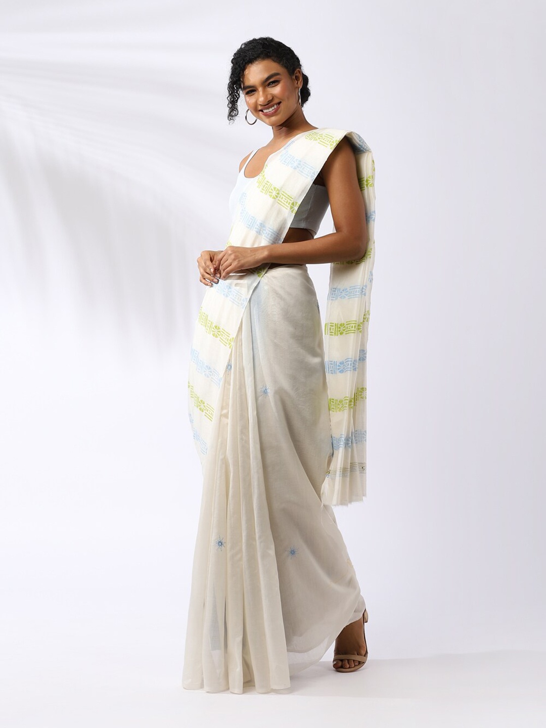 

Taneira Blue & White Floral Embroidered Silk Cotton Saree