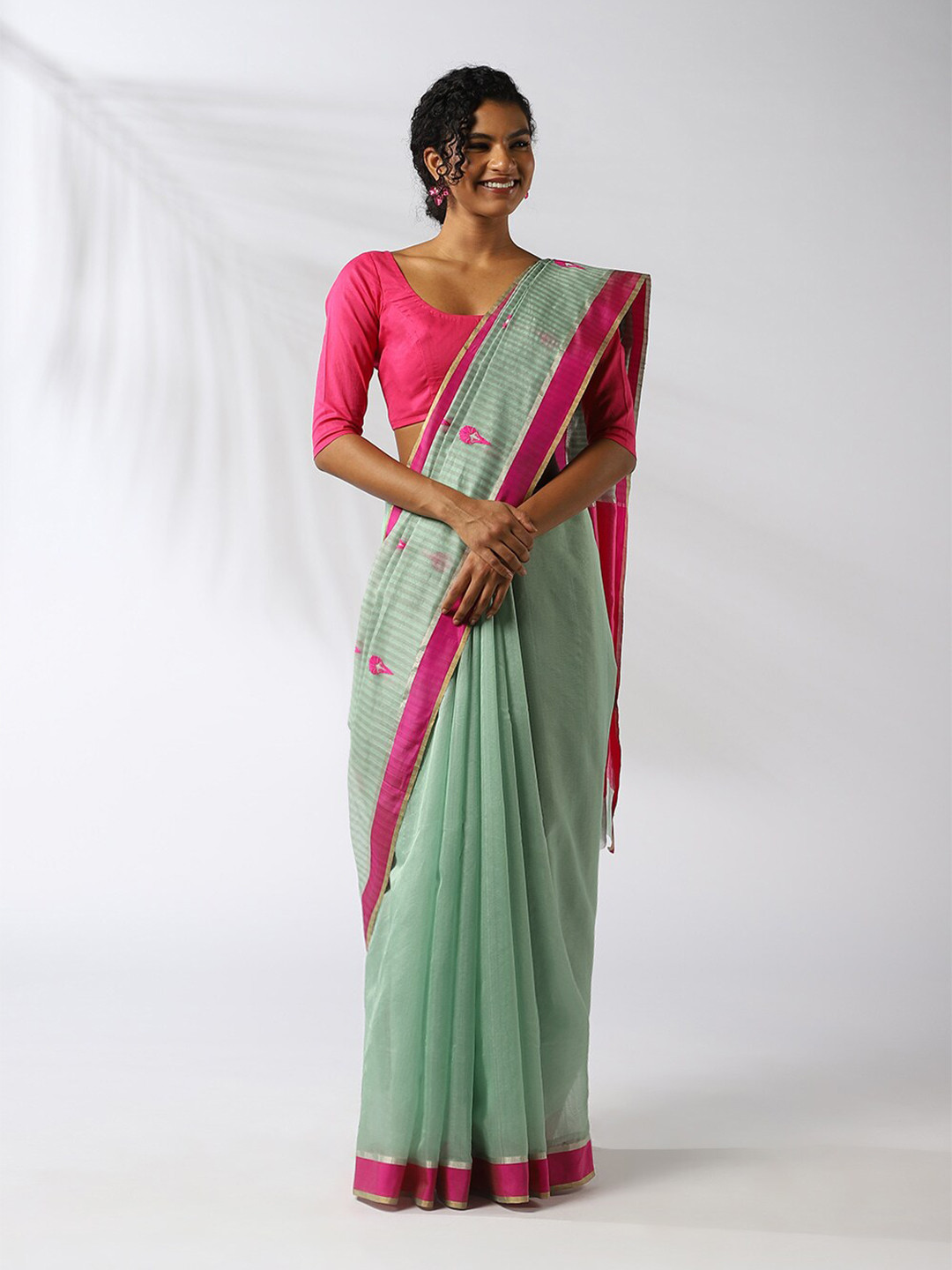

Taneira Green & Pink Striped Silk Cotton Chanderi Saree