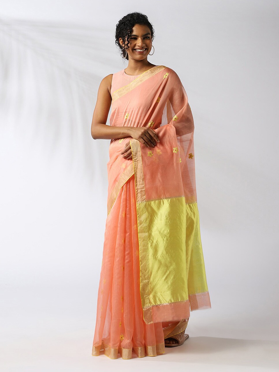 

Taneira Orange & Yellow Floral Woven Design Chanderi Saree