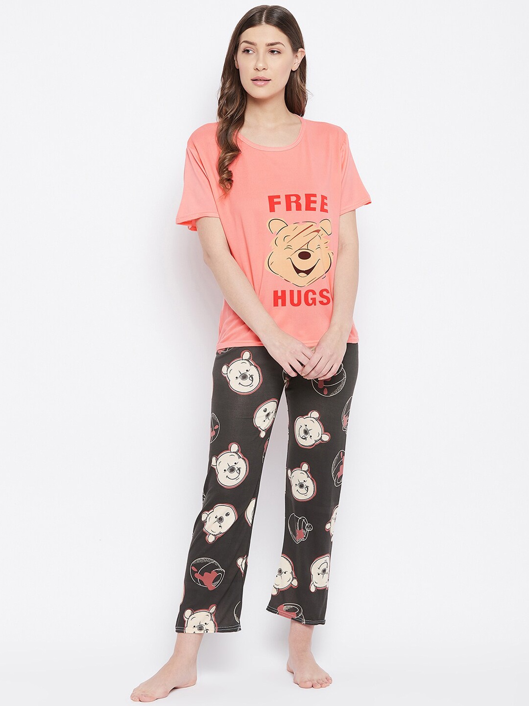 

Camey Women Peach-Coloured & Grey Printed Night suit