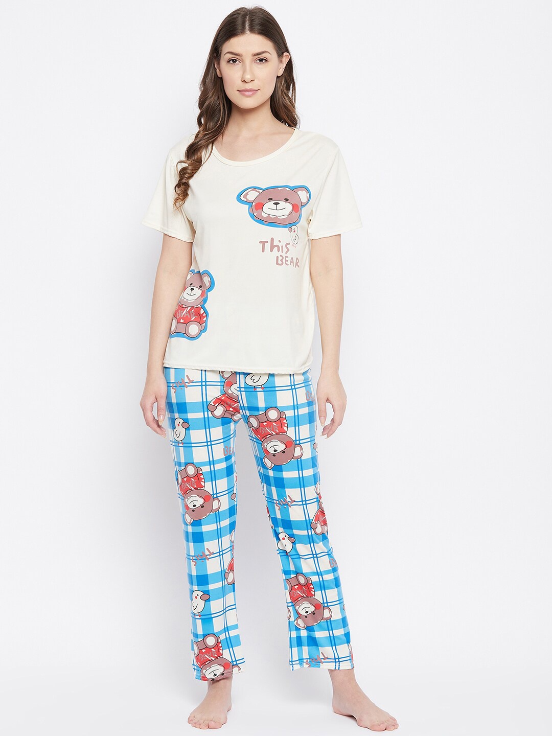 

Camey Women Cream & Blue Printed Night Suit