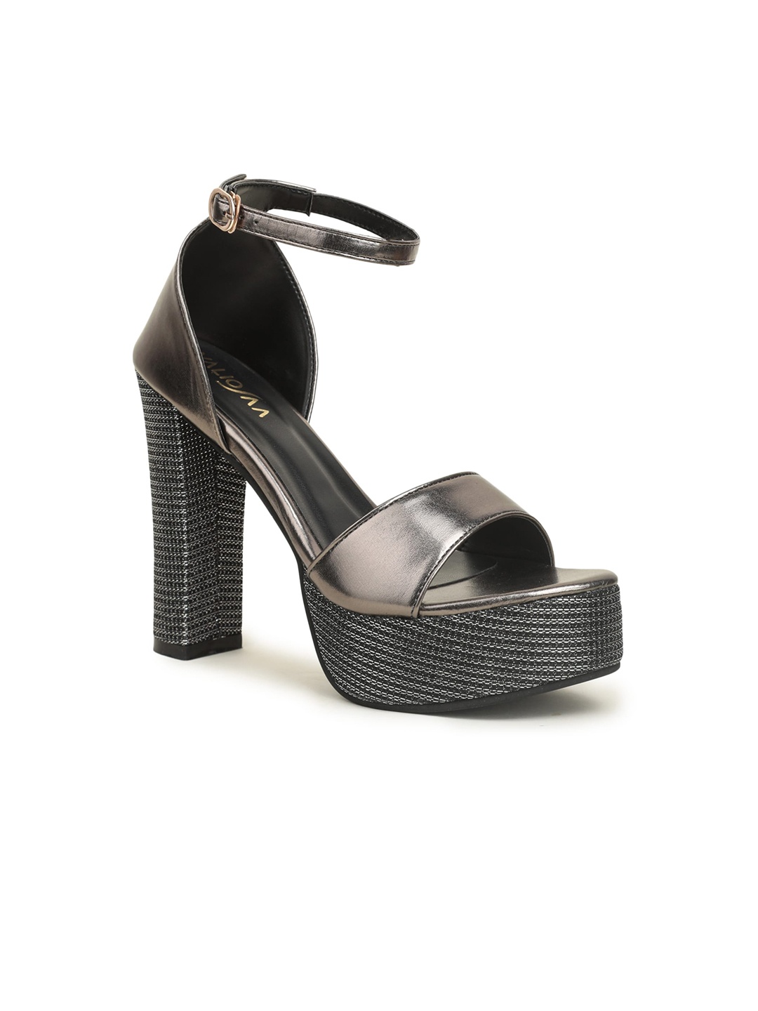 

VALIOSAA Gunmetal-Toned Embellished Party Block Heels, Metallic