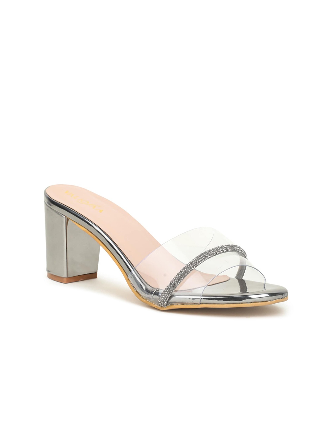 

VALIOSAA Women Gunmetal-Toned Party Block Heels, Metallic