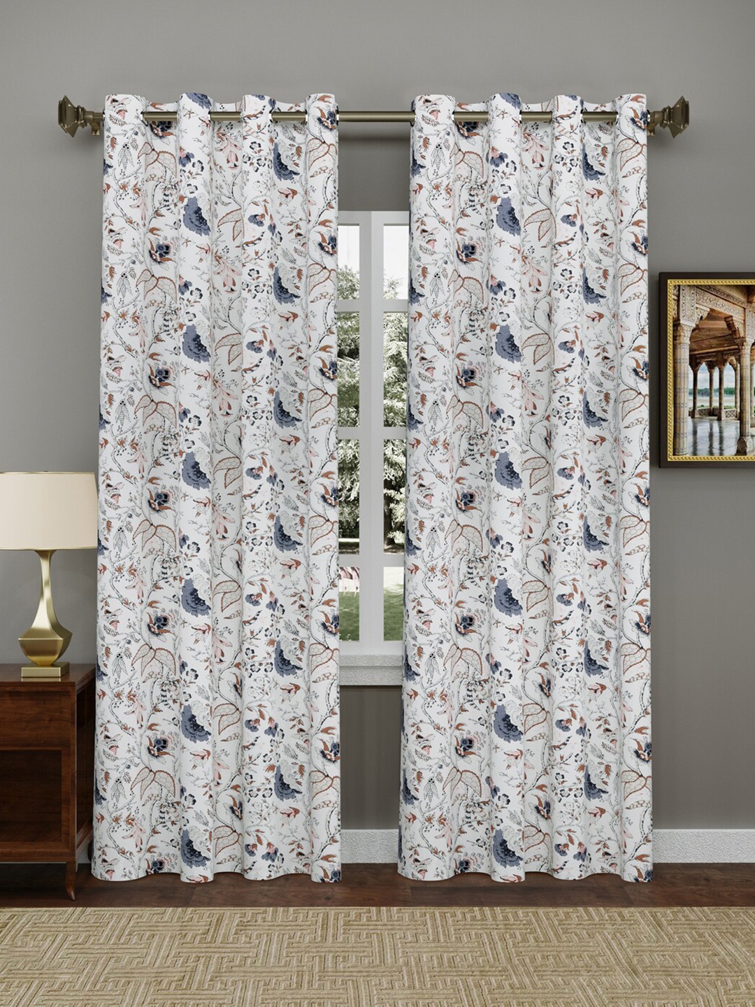 

Gulaab Jaipur Set of 2 Cream-Coloured & Pink Floral Regular Cotton Door Curtains