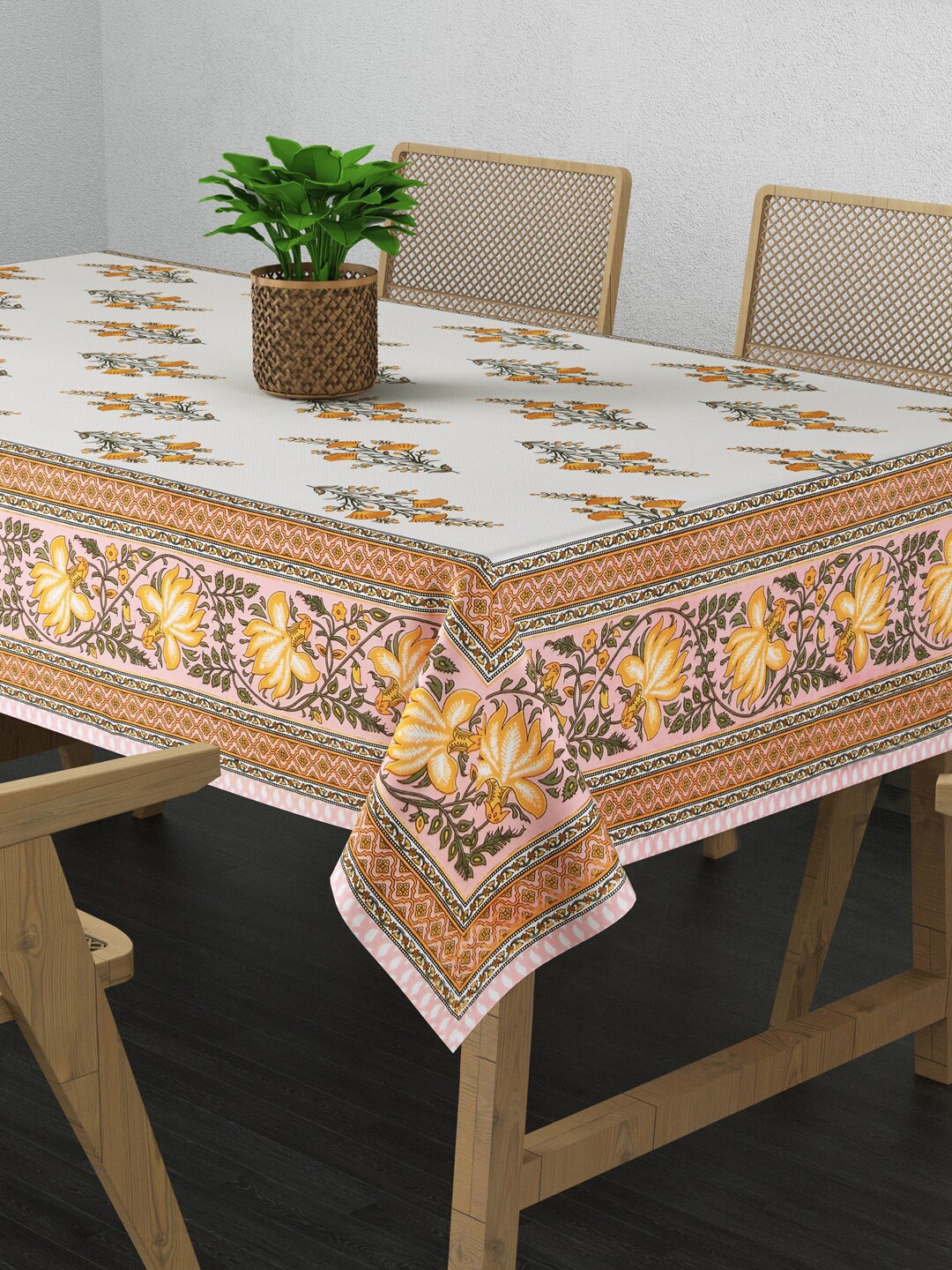 

Gulaab Jaipur White & Yellow Floral Printed 6 Seater Table Cover