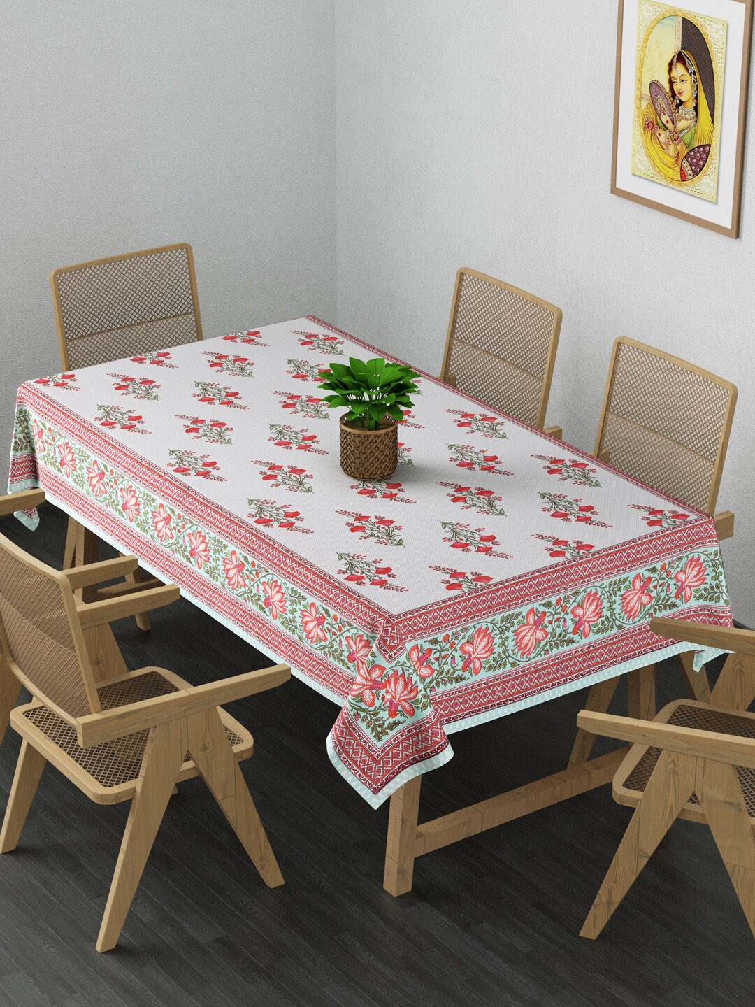 

Gulaab Jaipur White & Pink Floral Printed 6 Seater Rectangle Table Cover
