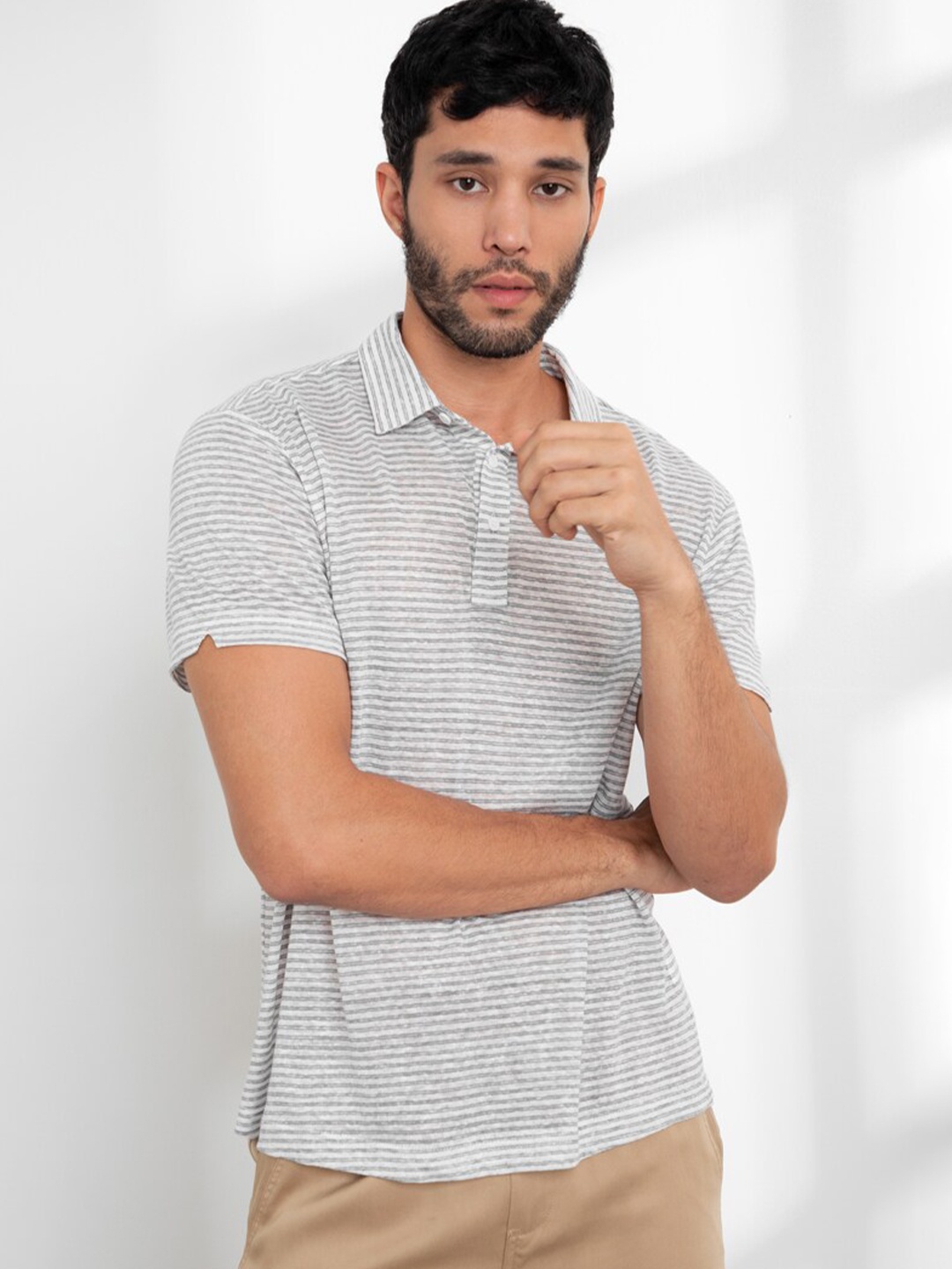 

ORIGIN BY ZALORA Men White & Grey Striped Polo Collar Pure Linen T-shirt