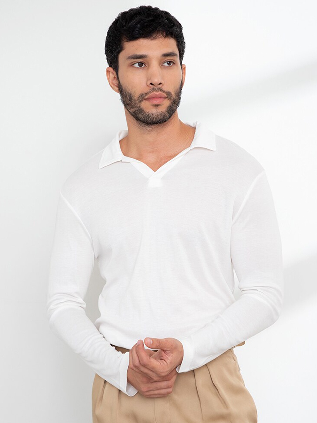 

ORIGIN BY ZALORA Men White Polo Collar Tencel T-shirt