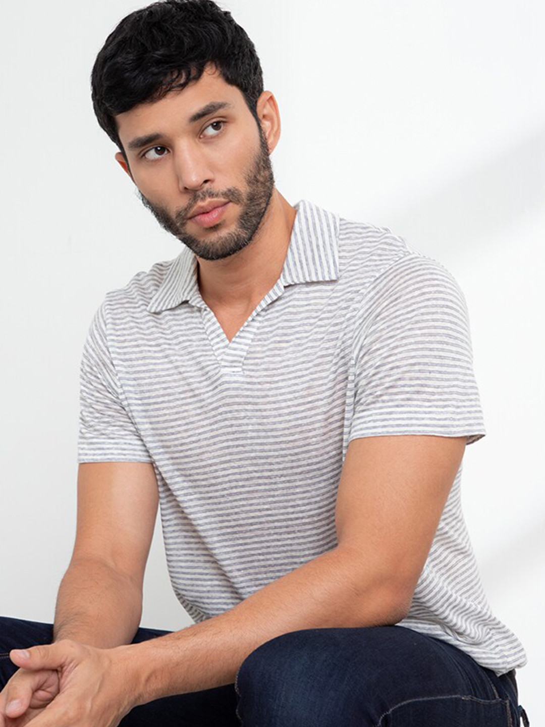 

ORIGIN BY ZALORA Men Grey Striped Polo Collar Linen T-shirt