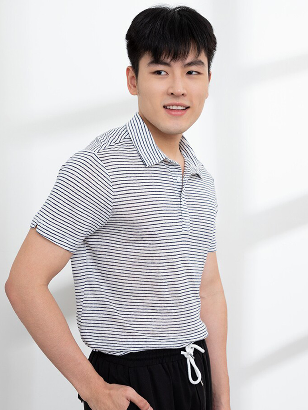 

ORIGIN BY ZALORA Men White & Black Striped Polo Collar Linen T-shirt