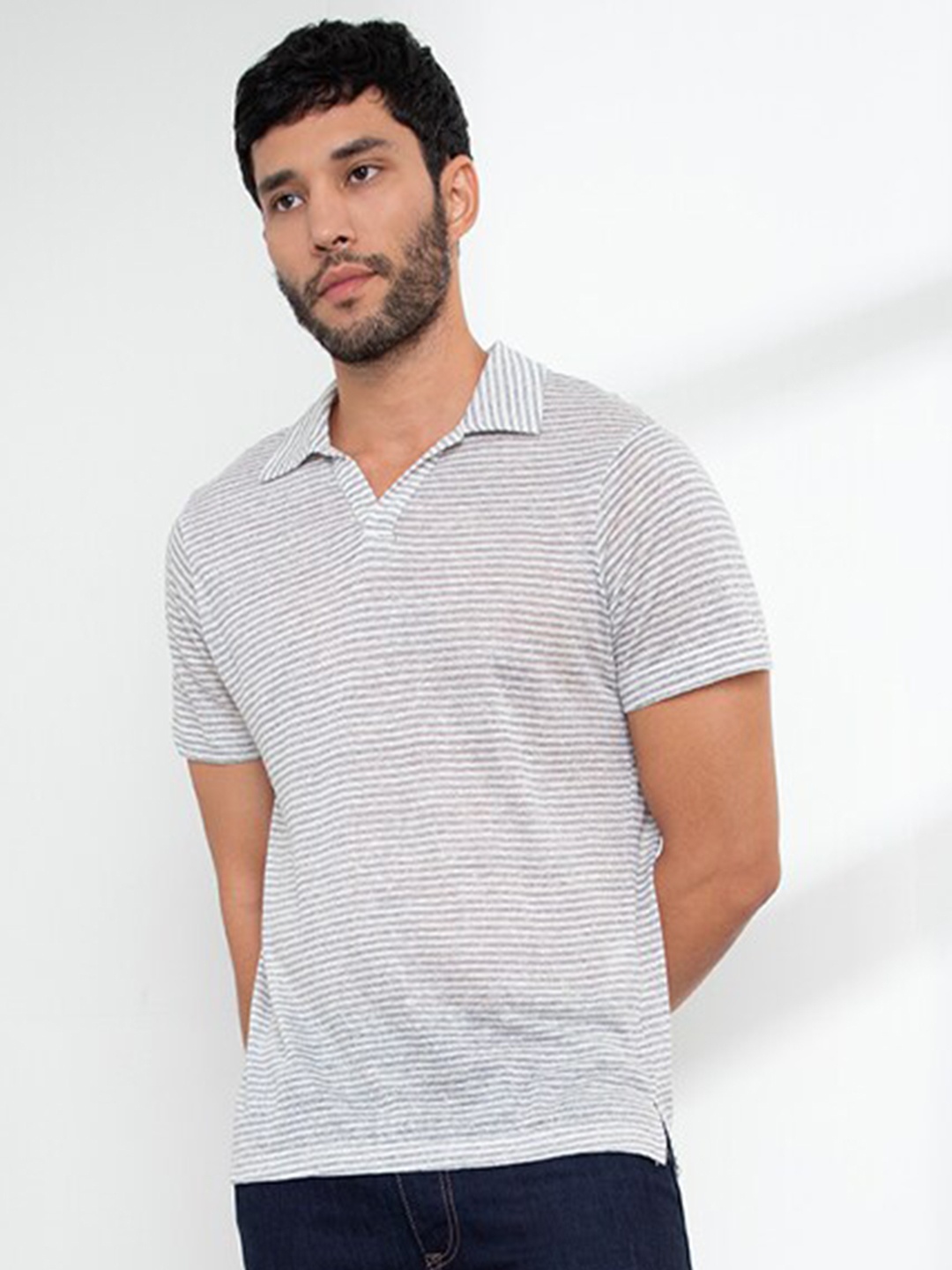 

ORIGIN BY ZALORA Men White & Grey Striped Polo Collar Linen T-shirt