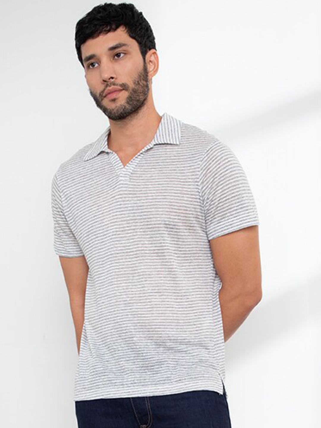 

ORIGIN BY ZALORA Men Multicoloured Striped Polo Collar Linen Outdoor T-shirt, Multi