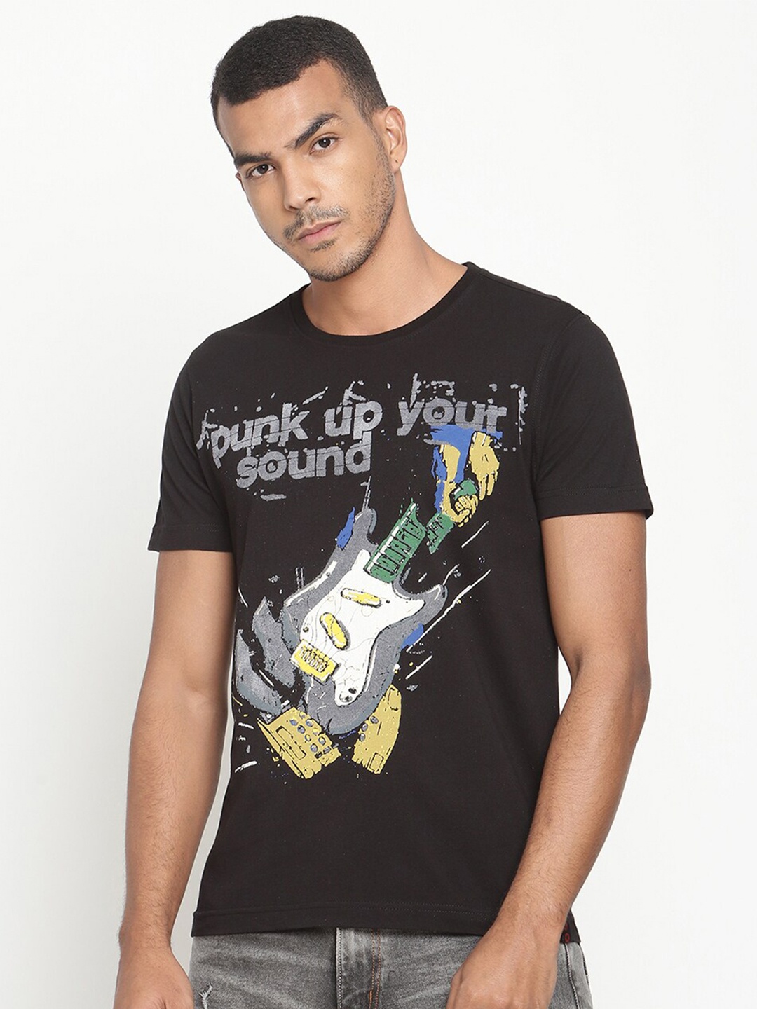 

PUNK Men Black Printed Cotton T-shirt