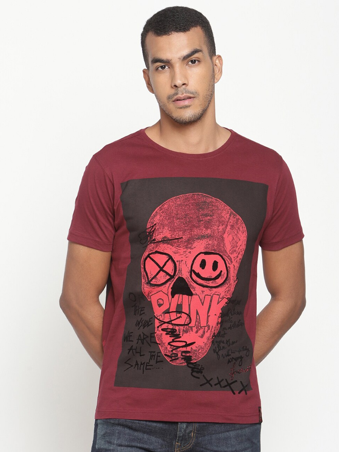 PUNK Men Maroon Printed Cotton T-shirt