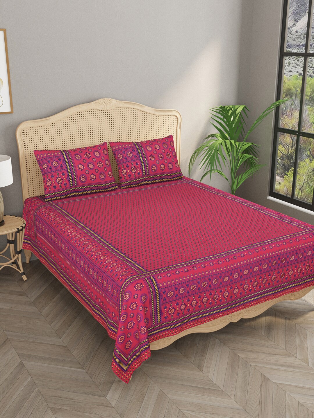 

Gulaab Jaipur Pink & Purple Ethnic Motifs 400 TC King Bedsheet with 2 Pillow Covers