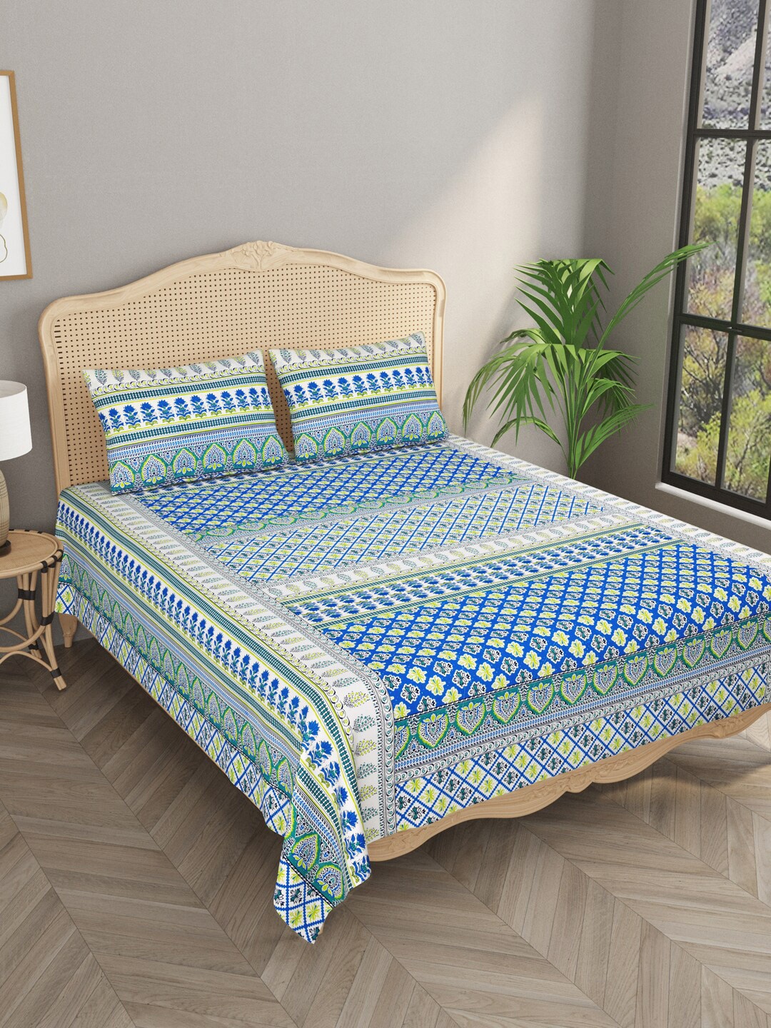 

Gulaab Jaipur Blue & White Ethnic Motifs 400 TC King Bedsheet with 2 Pillow Covers