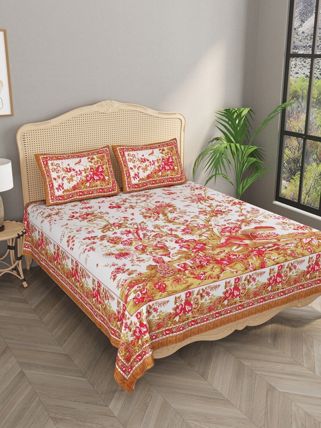 

Gulaab Jaipur White & Red Printed 400 TC King Bedsheet With 2 Pillow Covers