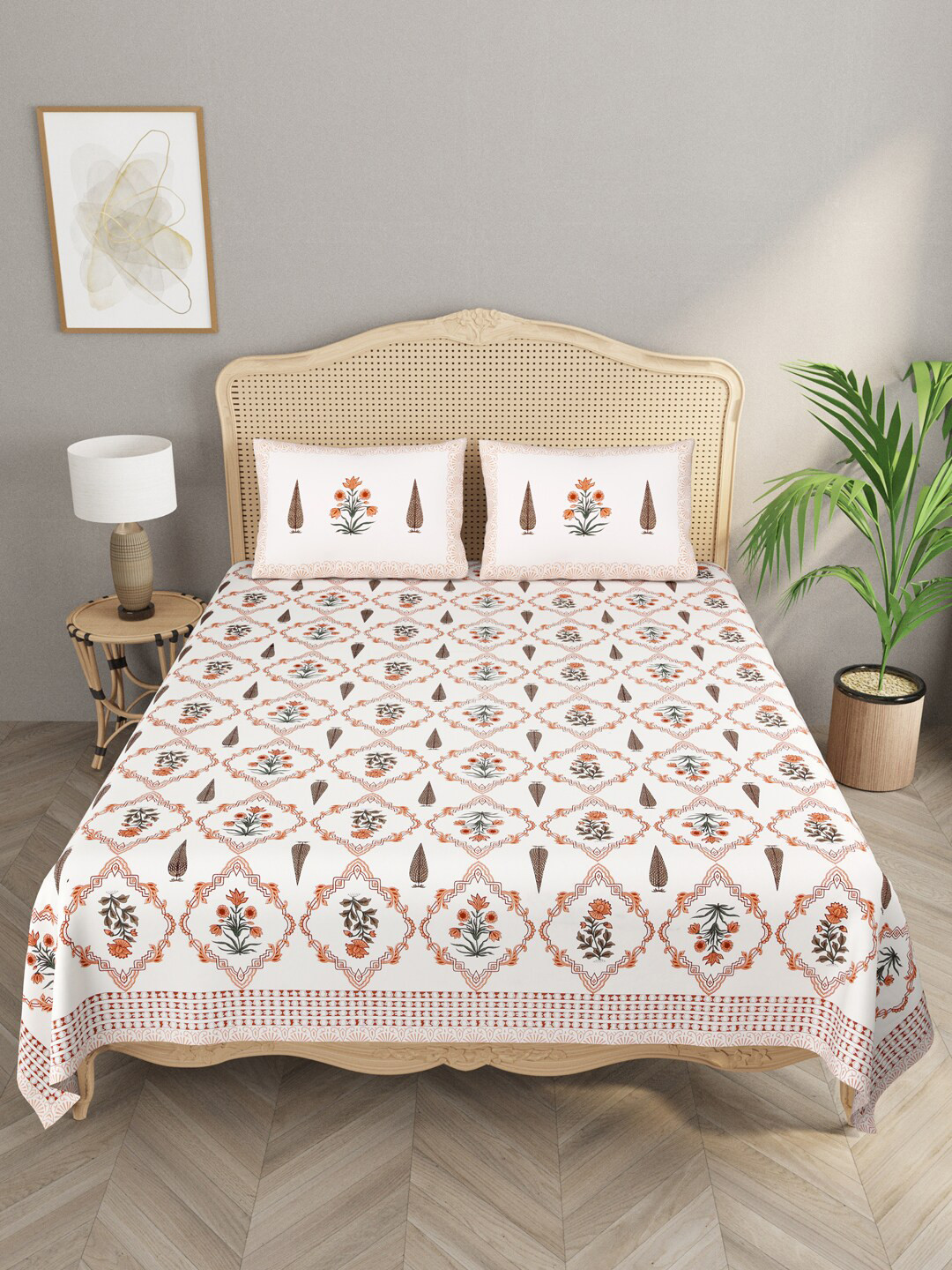 

Gulaab Jaipur White & Red Floral 400 TC King Bedsheet with 2 Pillow Covers
